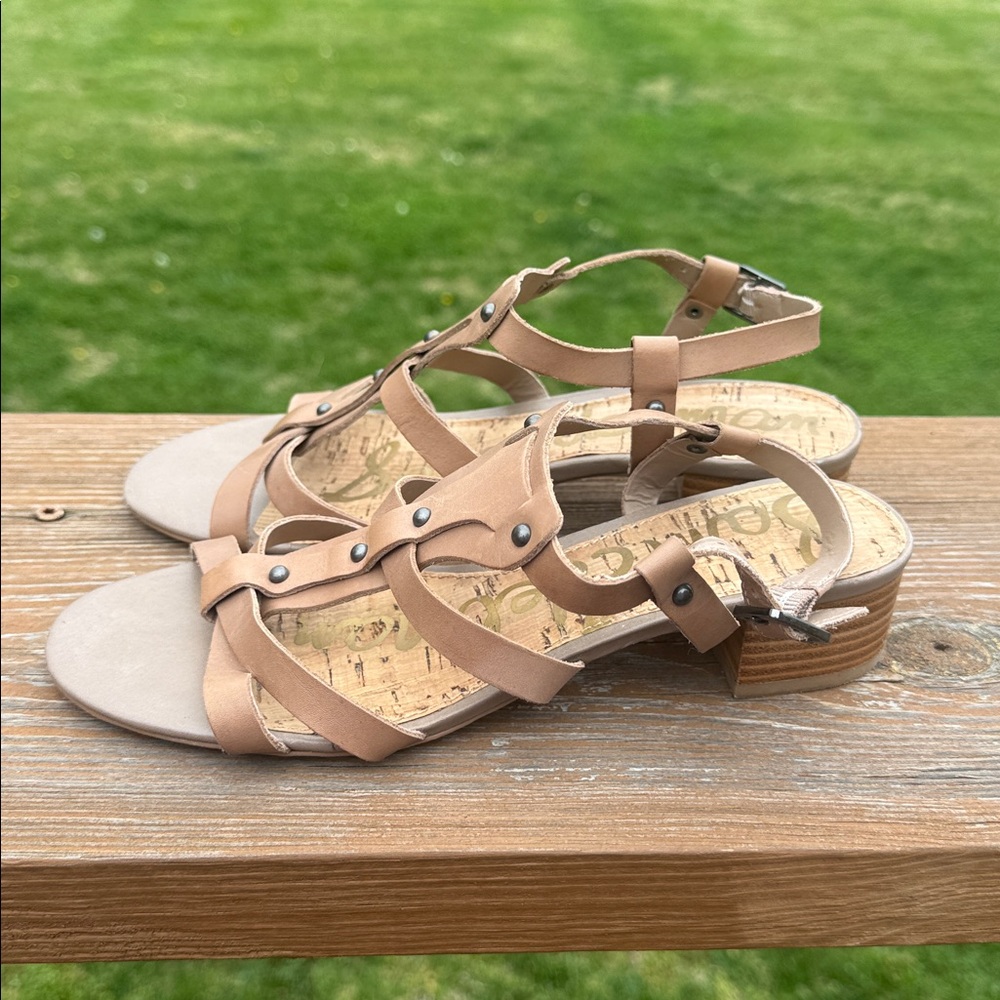 Sam Edelman Angela Natural Low Heel Summer Sandals Tan / Nude Size 8 - Picture 6 of 9